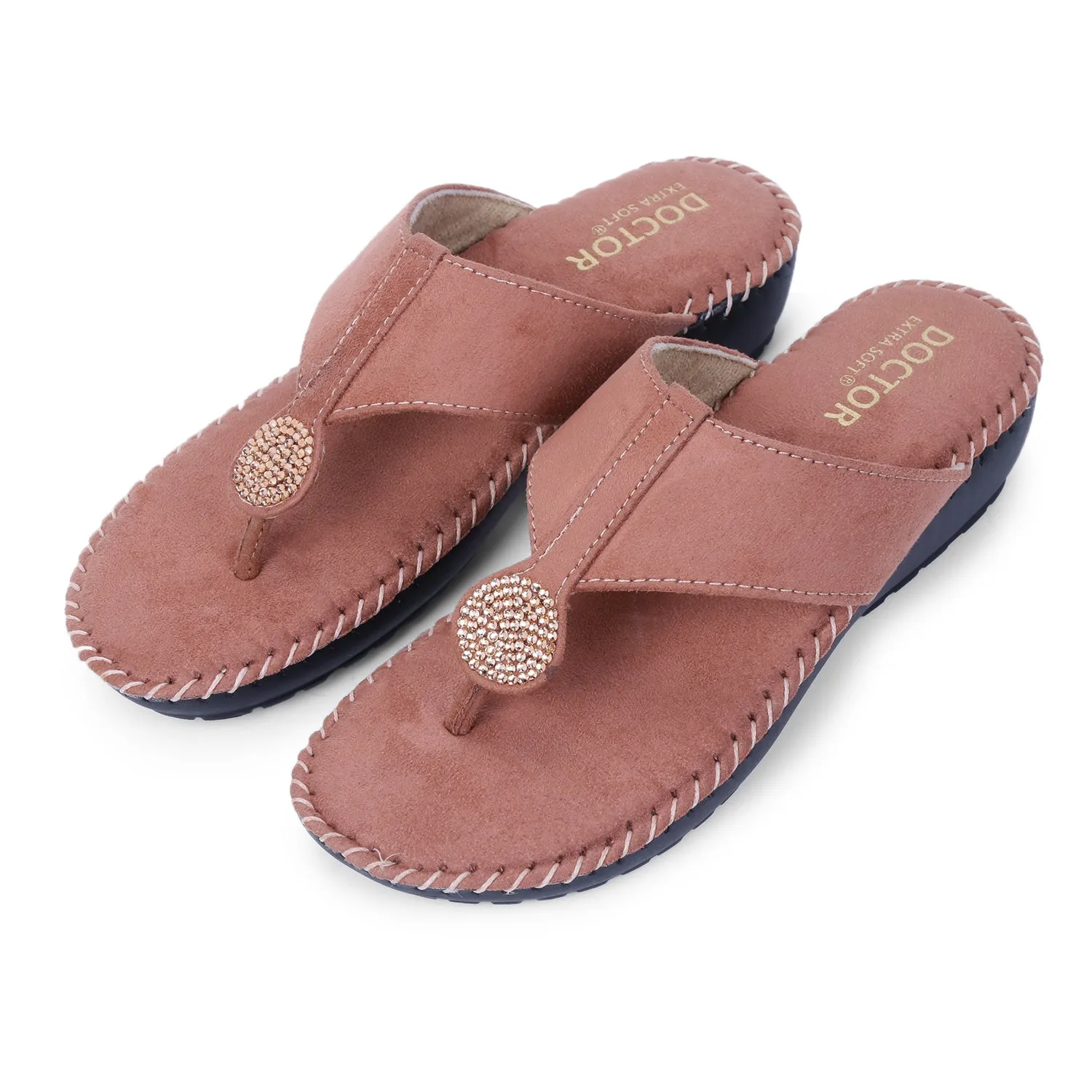 DOCTOR EXTRA SOFT D-612 Women's Flat Memory Foam Slippers/Flip-Flops Fancy Fashion Stylish Jewels Casual Comfortable Diabetic Orthopedic Orthocare Lightweight Synthetic Slipon Chappal for Girls/Ladies